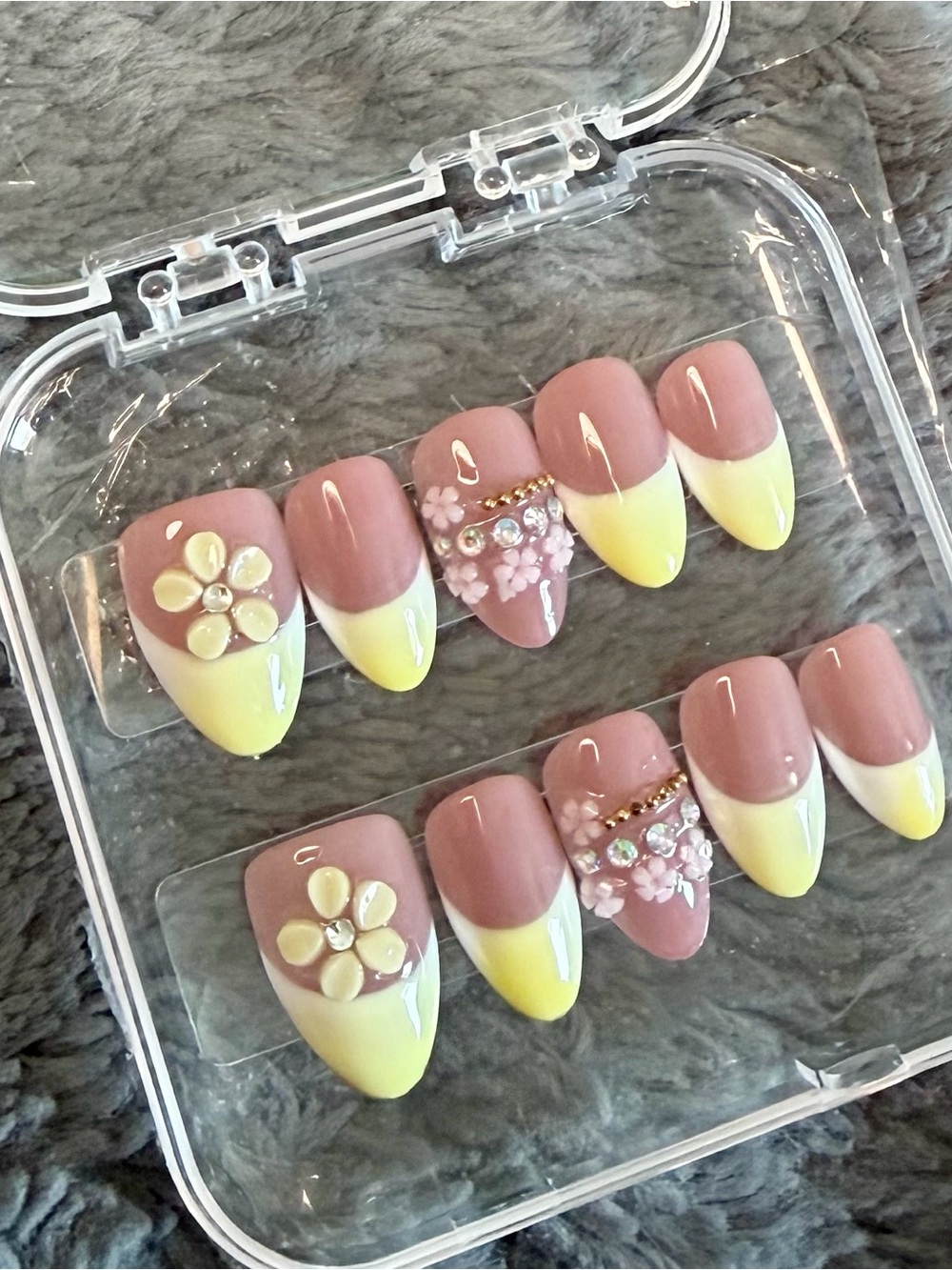 LARGE Press-On Nails Set - Pink and Yellow Floral Accent